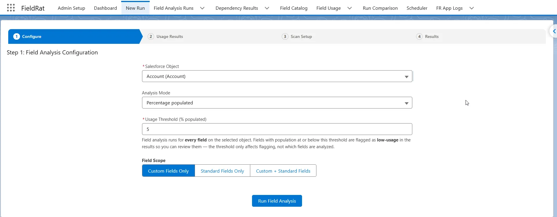 Configure a Field Usage Analysis run