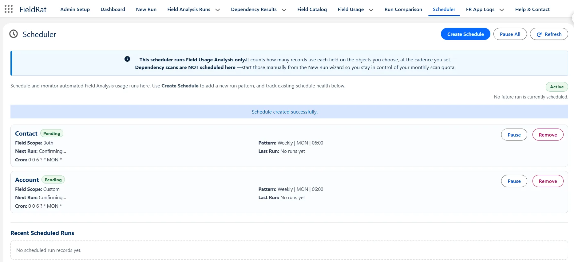Schedule recurring Field Analysis